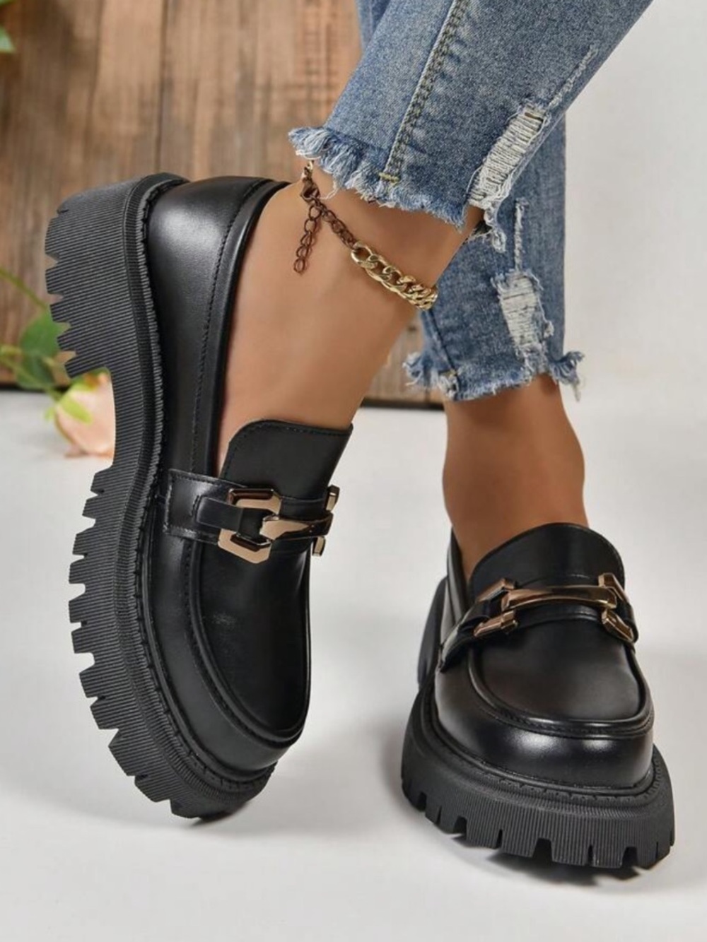 Black Chunky Platform Loafers with Gold Hardware - 9.5 - Picture 6 of 6